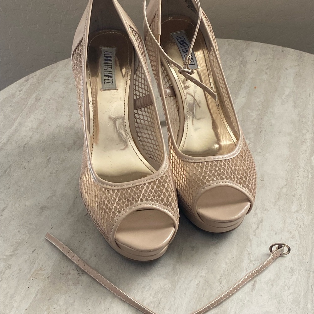 Jennifer Lopez Nude Mesh Peep Toe Heels